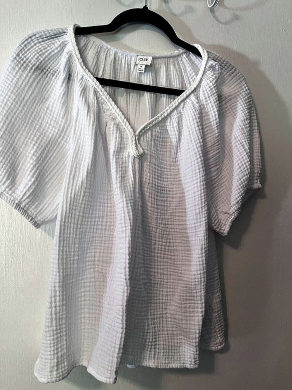 J.Crew Puff-Sleeve Braided-Neckline Gauze Top White